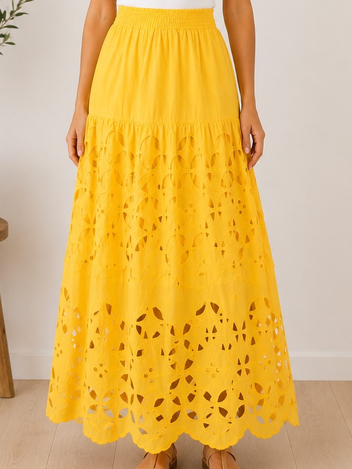 Coco+Jameson Yellow Eyelet Maxi Cotton Skirt With Elastic Waist M